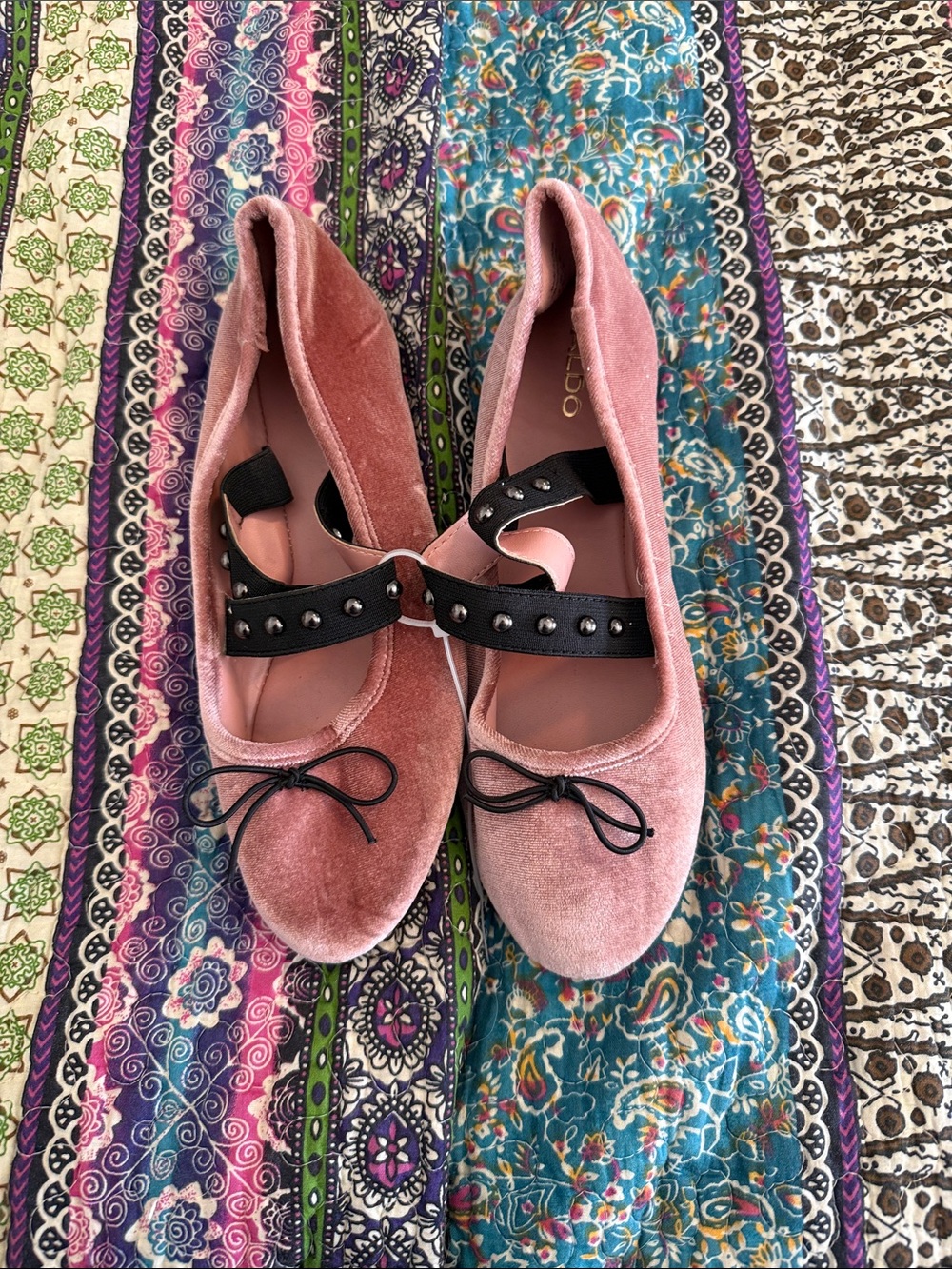Aldo Blush Pink Velvet Ballet Flats with Black Studded Strap